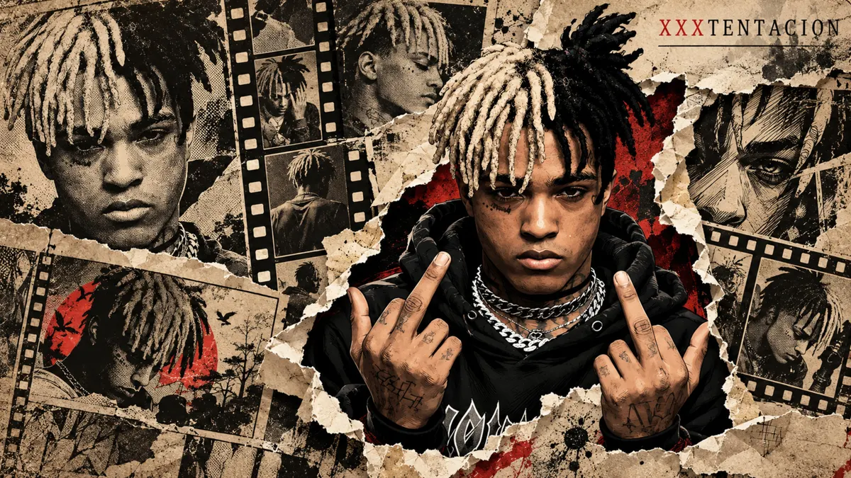 Siyah bir kapüşonlu ve zincirler takan, film şeridi fotoğrafları ve bej arka plan üzerinde yırtık kağıt dokuları ile çevrili dreadlock saçlı Xxxtentacion.