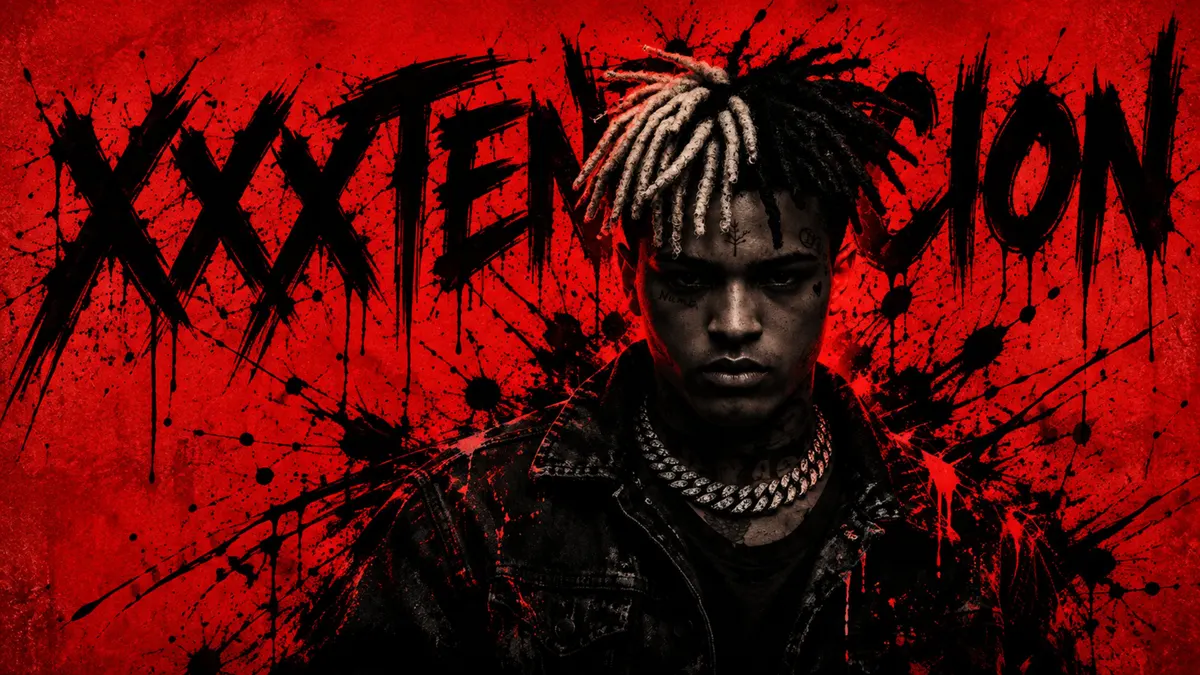 Portrait du rappeur Xxxtentacion avec des dreadlocks et une chaîne, sur un fond rouge vif avec des éclaboussures d'encre noire et du texte stylisé.
