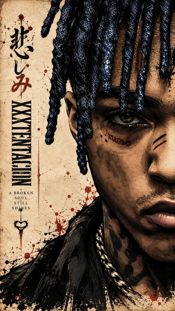 Mavi dreadlock saçları, yüz dövmeleri ve gümüş zinciriyle XXXTentacion'ın kırmızı mürekkep sıçramalı bej kağıt arka plan üzerindeki yakın çekim portresi.
