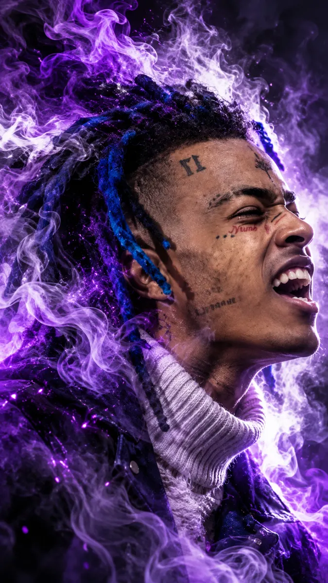 Mavi uçlu dreadlock'ları ve yüz dövmeleriyle bağıran XXXTentacion ve etrafında dönen mor duman