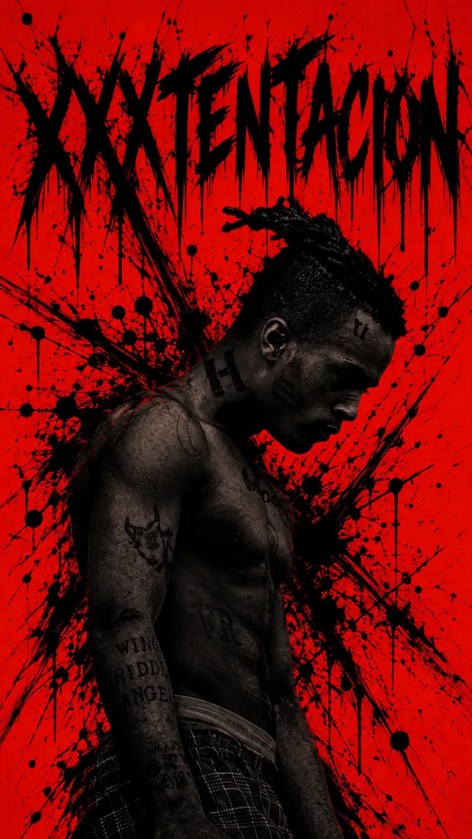 Siyah mürekkep sıçramaları ve stilize metin içeren kırmızı arka plana karşı dövmeli ve dreadlock saçlı XXXTentacion