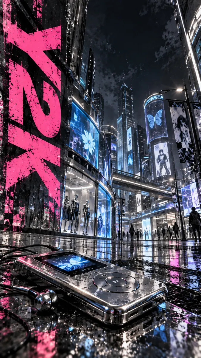 Un reproductor de música digital plateado en una calle mojada con letras grandes de neón rosa Y2K y edificios futuristas brillantes.