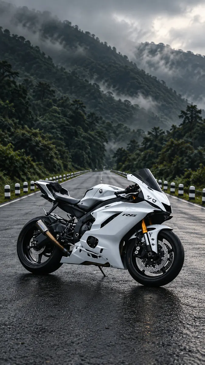 Une moto sportive Yamaha R6 blanche garée sur une route en asphalte humide avec des montagnes vertes brumeuses en arrière-plan.