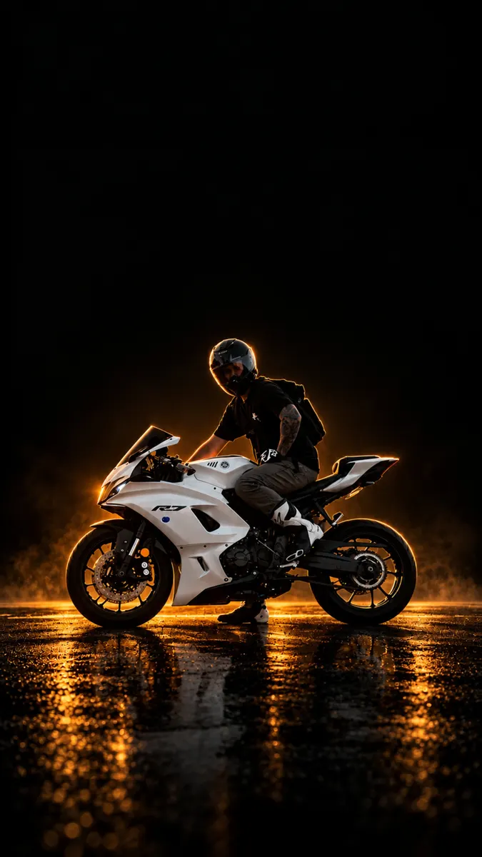 헬멧을 쓴 라이더가 젖은 도로 위에서 흰색 Yamaha R7 스포츠 바이크에 앉아 있고, 아래로 호박색 조명이 반사되고 있습니다.