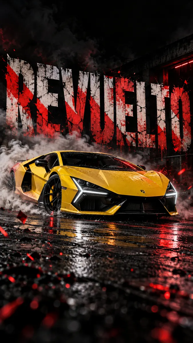Mobil sport Lamborghini Revuelto kuning dikelilingi oleh asap putih tebal di permukaan gelap yang basah dengan logo merah putih yang besar.