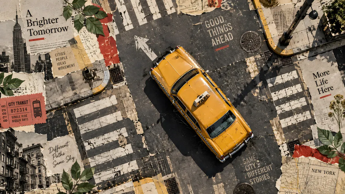 Una vista aérea de un taxi amarillo en una calle de la ciudad con elementos de collage como mapas, bocetos de edificios y fragmentos de texto inspiradores.