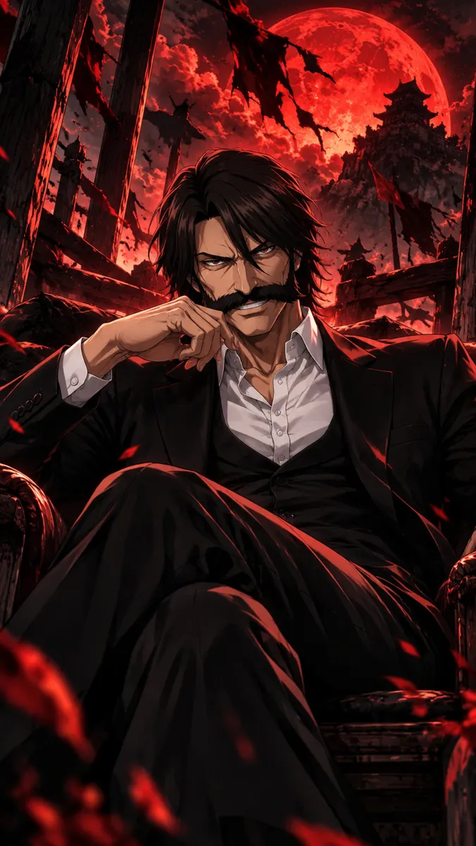 Yhwach con cabello oscuro y bigote sentado en un trono vistiendo un traje negro con un fondo de luna roja.