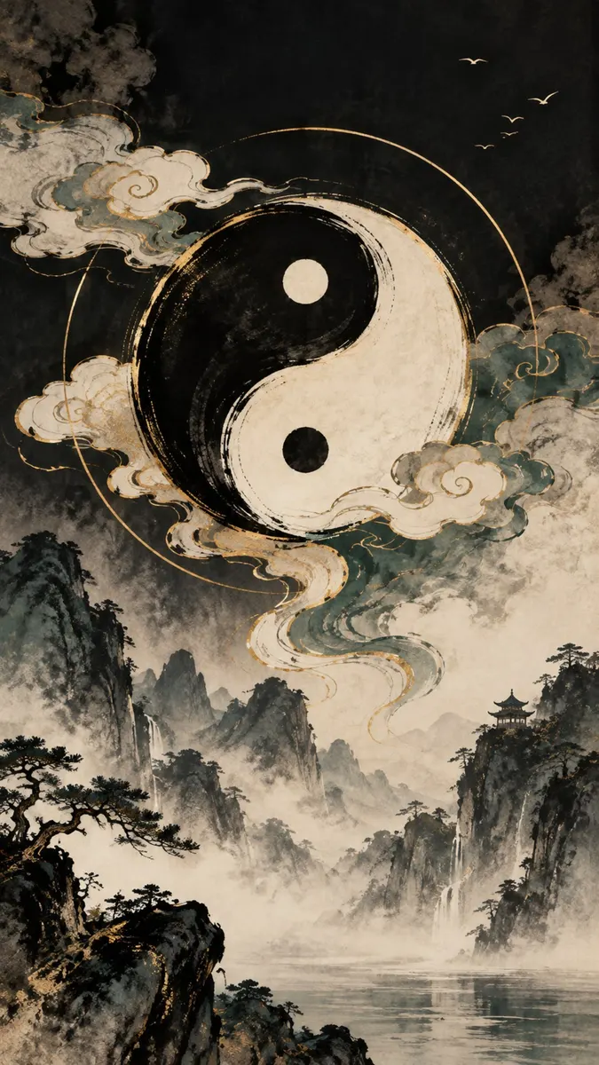 Un grande simbolo yin yang circondato da nuvole vorticose sopra un paesaggio di montagne nebbiose, pini, cascate e una pagoda.