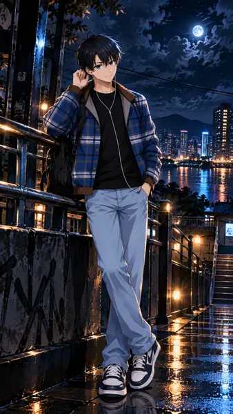 Yoichi Isagi met donker haar, gekleed in een blauw geruit jasje en jeans, staand op een brug 's nachts met stadslichten.