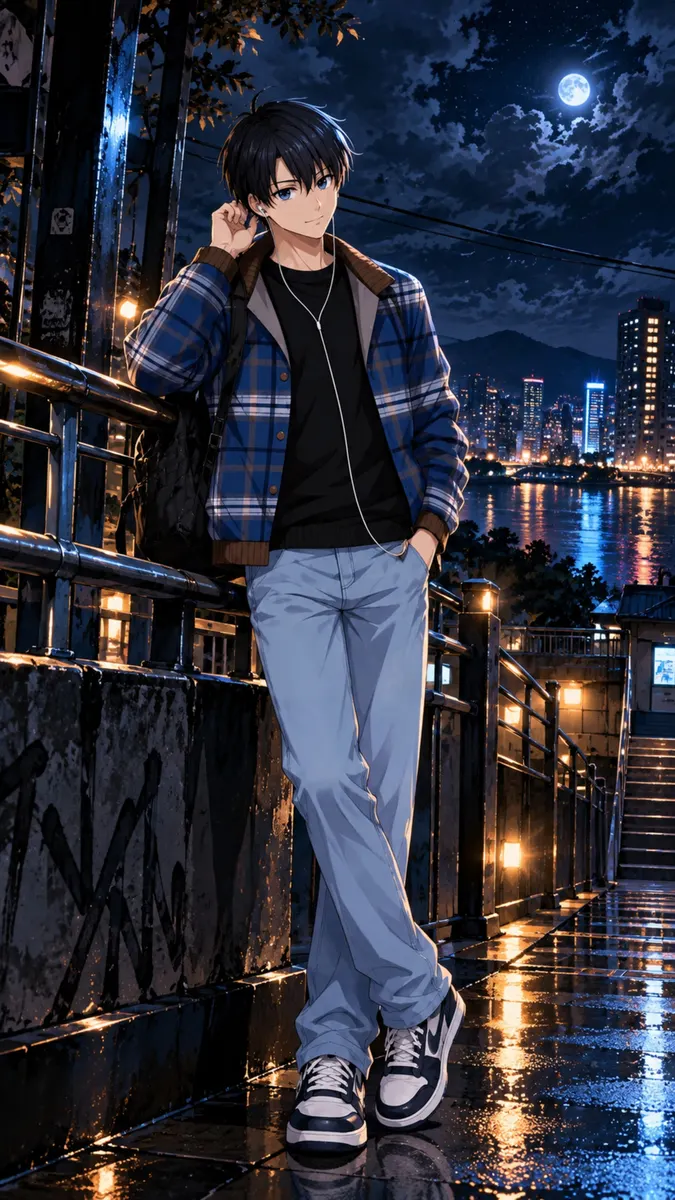 Yoichi Isagi met donker haar, gekleed in een blauw geruit jasje en jeans, staand op een brug 's nachts met stadslichten.