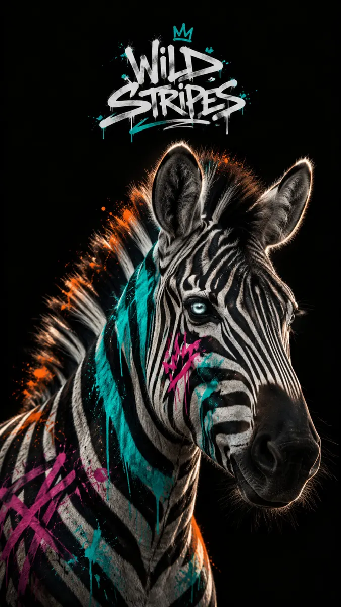 Uma cabeça de zebra com listras pretas e brancas cobertas por salpicos de tinta neon rosa e azul-petróleo contra um fundo escuro.