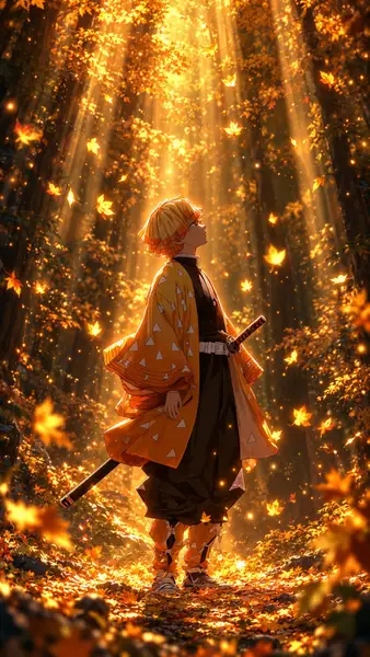 Zenitsu Agatsuma de Demon Slayer vestindo seu haori amarelo estampado enquanto está em uma floresta cheia de folhas de outono douradas