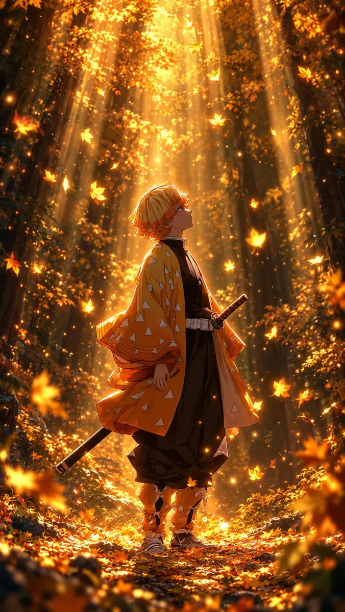 Zenitsu Agatsuma de Demon Slayer vestindo seu haori amarelo estampado enquanto está em uma floresta cheia de folhas de outono douradas