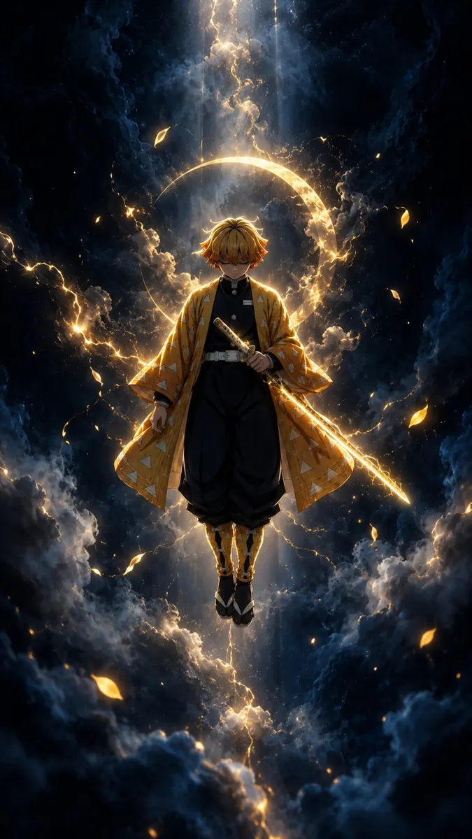 Zenitsu Agatsuma mit blonden Haaren und gelbem Haori mit Muster schwebt in einem dunklen, bewölkten Himmel mit goldenen Blitzen und einem Halbmond.