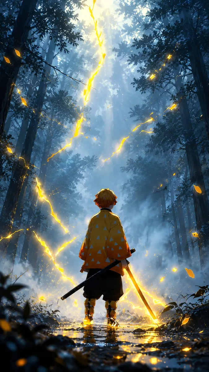 Zenitsu Agatsuma from Demon Slayer standing in a foggy forest with glowing yellow lightning effects and his sword at his side.