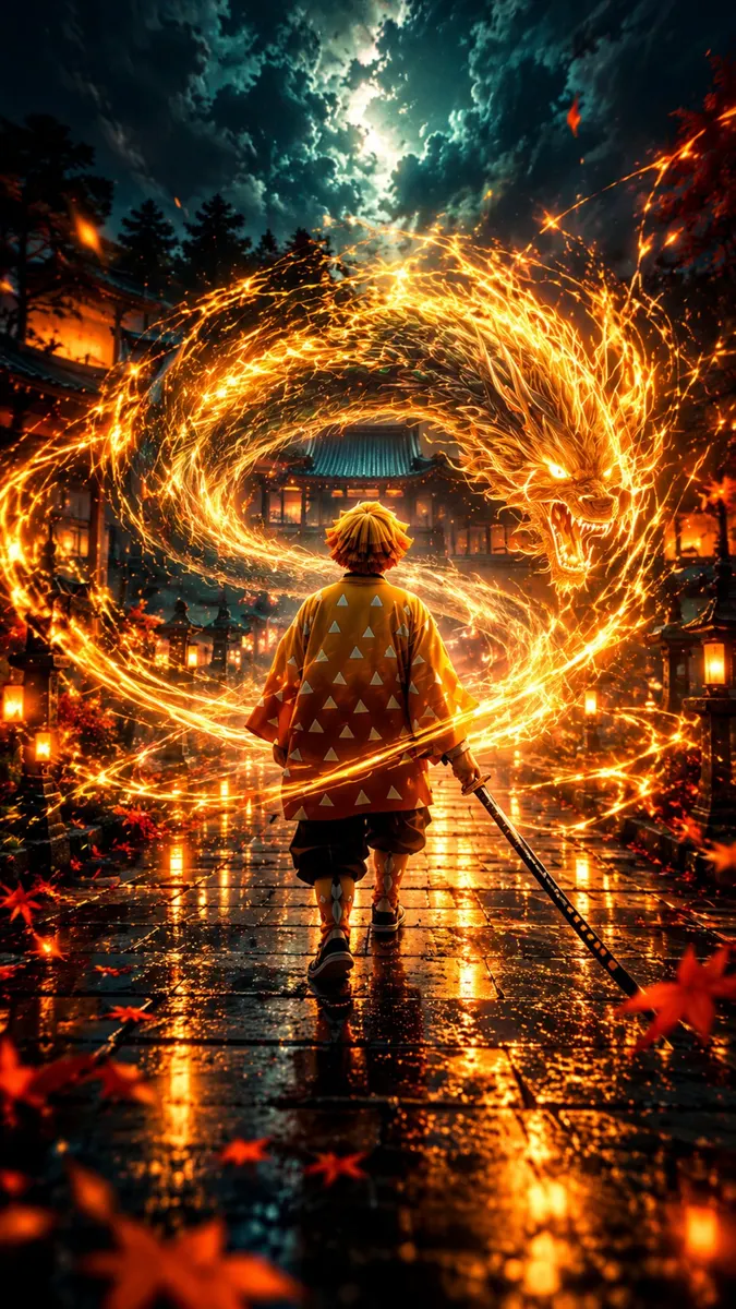 Zenitsu Agatsuma dans son haori à motifs jaunes s'éloignant avec une épée, entouré d'un dragon de foudre doré brillant.