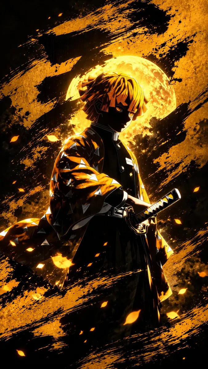 Zenitsu Agatsuma with yellow hair holding a katana sword in front of a bright yellow moon and dark ink splashes