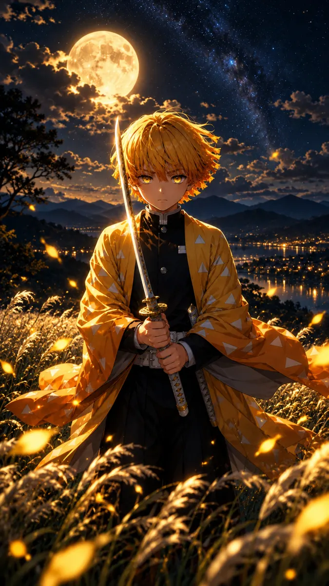 Zenitsu Agatsuma with yellow hair holding a katana in a grassy field under a bright full moon at night.