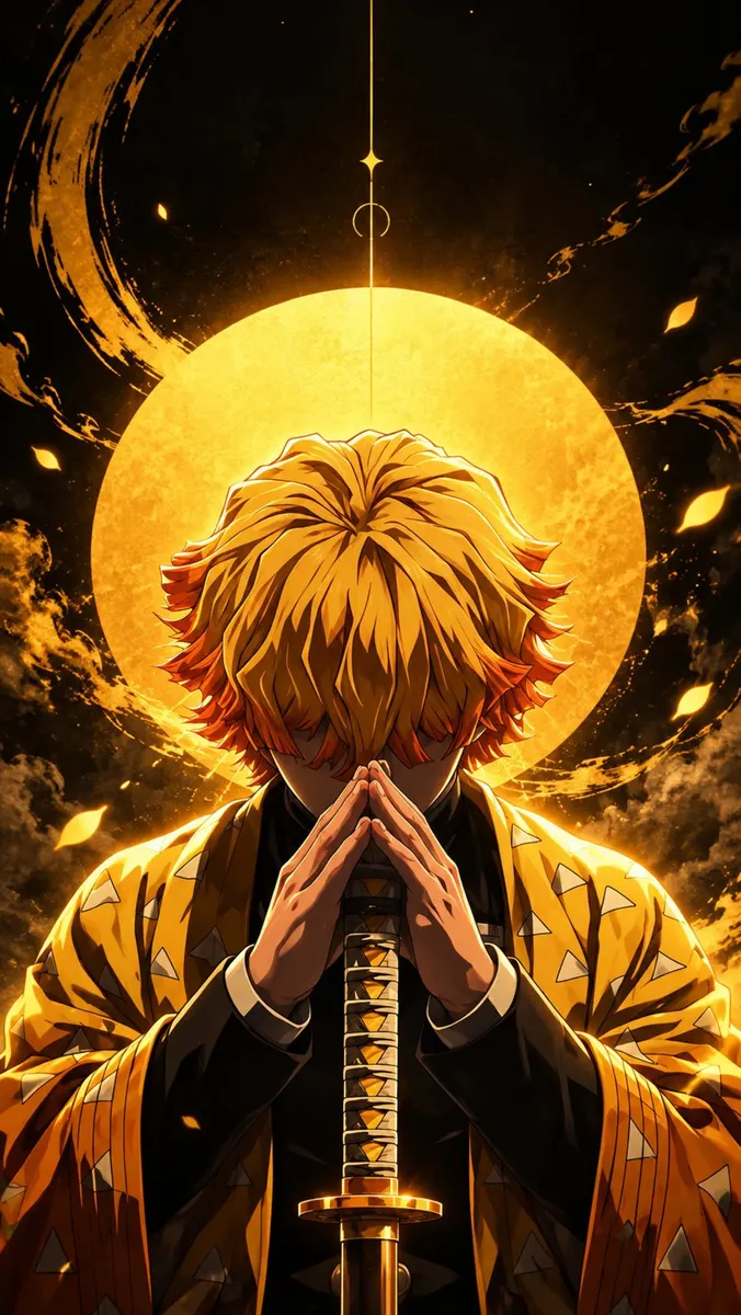 Zenitsu Agatsuma with yellow hair holding his sword in a prayer pose against a large glowing golden sun background