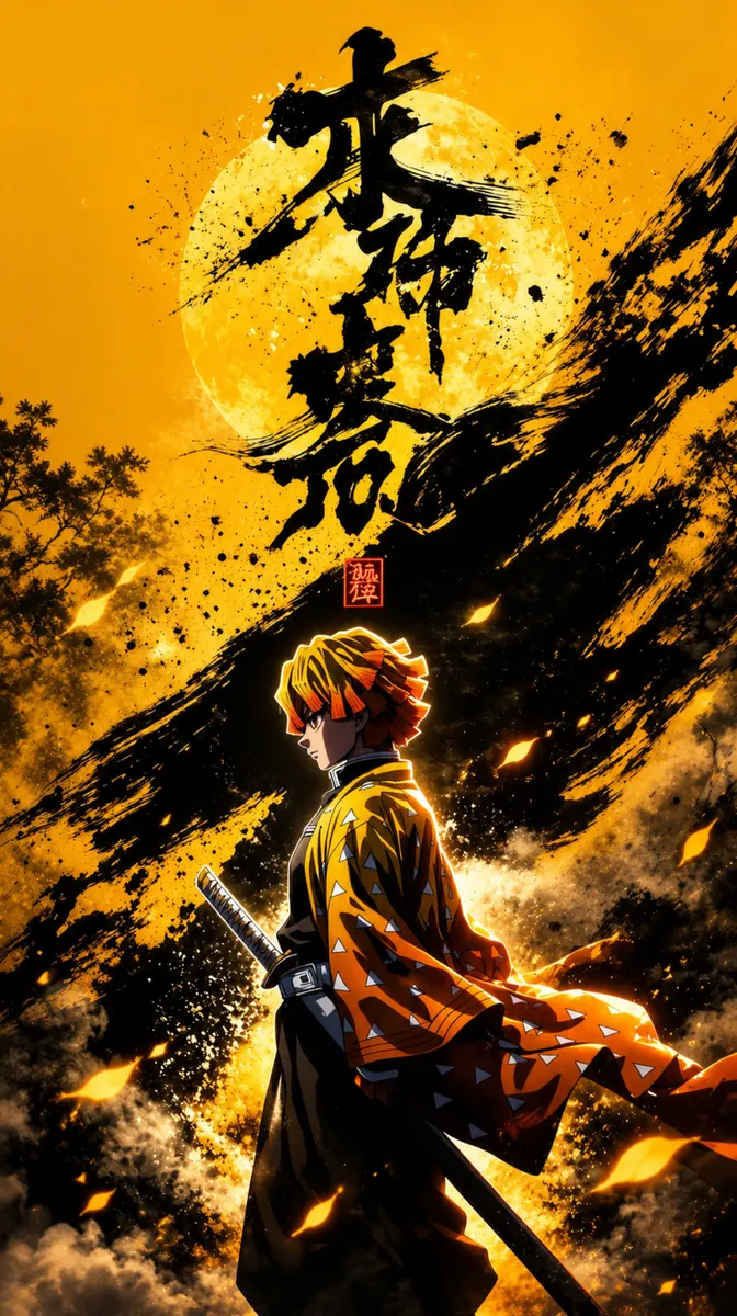 Zenitsu Agatsuma with yellow hair wearing his signature triangle pattern kimono standing before a bright yellow moon and black ink art.