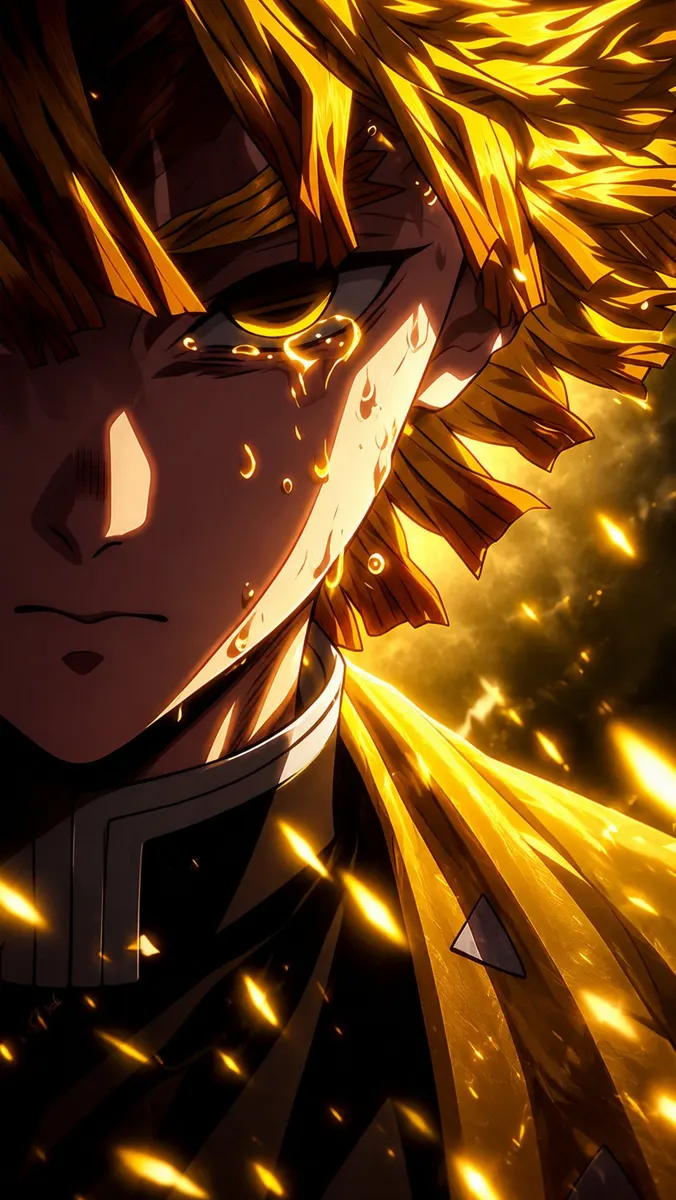 Zenitsu Agatsuma with spiky yellow hair and intense eyes surrounded by glowing golden light particles