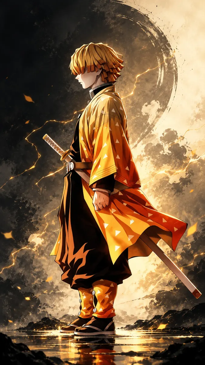 Zenitsu Agatsuma aus Demon Slayer steht im Profil und trägt ein Haori mit gelbem Dreiecksmuster und ein Katana an der Taille.